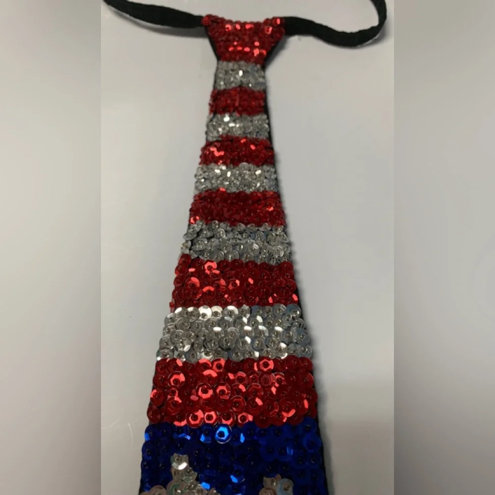 New Sequin American Flag Tie stars stripes Patriotic red silver blue